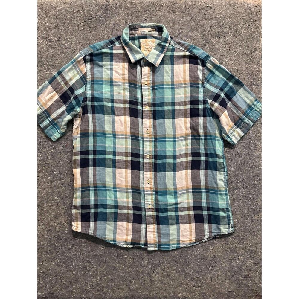 Tasso Elba Island Men’s Large Plaid Button-Up Shirt Blue Green 100% Cotton